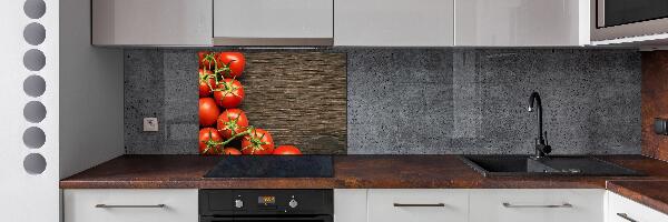 Rivestimento parete cucina con stampa di pomodori su sfondo effetto legno