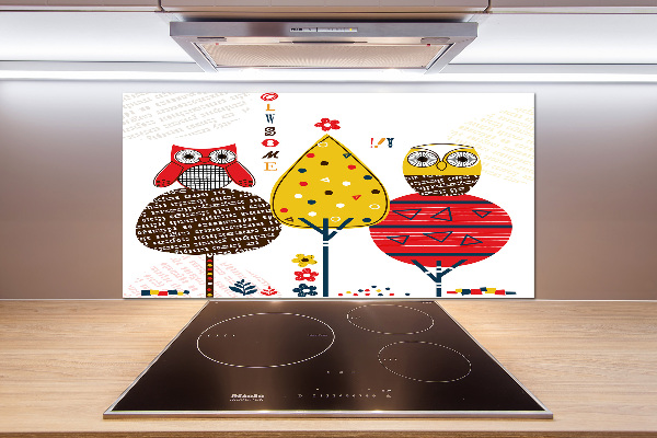 Rivestimento parete cucina con stampa raffigurante gufi su un albero