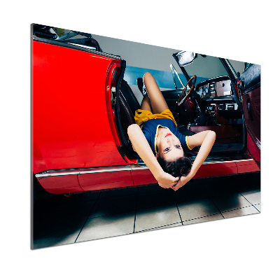 Pannello paraschizzi cucina con stampa raffigurante una donna in macchina