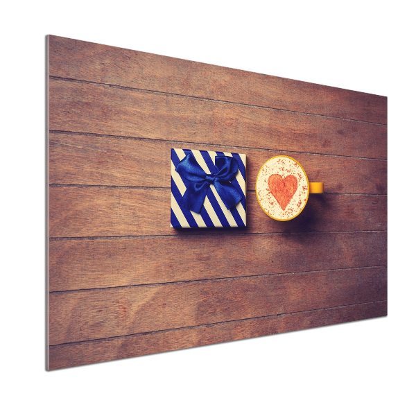 Pannello retrocucina con motivo a tema caffè e accompagnato da un regalo