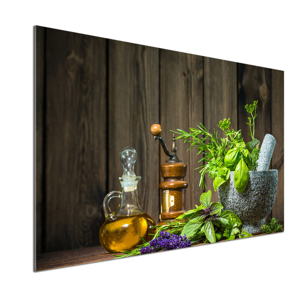 Rivestimento parete cucina con decorazione a tema erbe aromatiche raffigurate in un mortaio