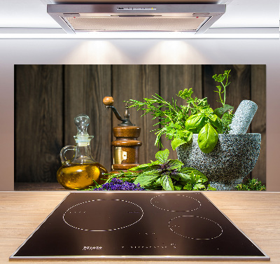 Rivestimento parete cucina con decorazione a tema erbe aromatiche raffigurate in un mortaio