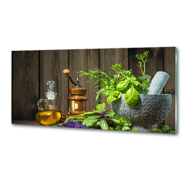 Rivestimento parete cucina con decorazione a tema erbe aromatiche raffigurate in un mortaio