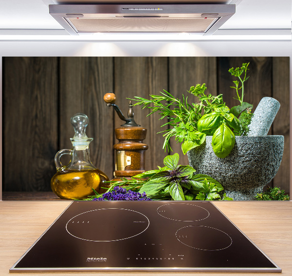 Rivestimento parete cucina con decorazione a tema erbe aromatiche raffigurate in un mortaio