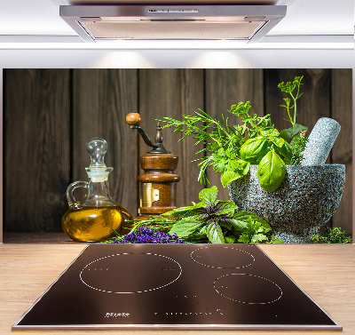 Rivestimento parete cucina con decorazione a tema erbe aromatiche raffigurate in un mortaio