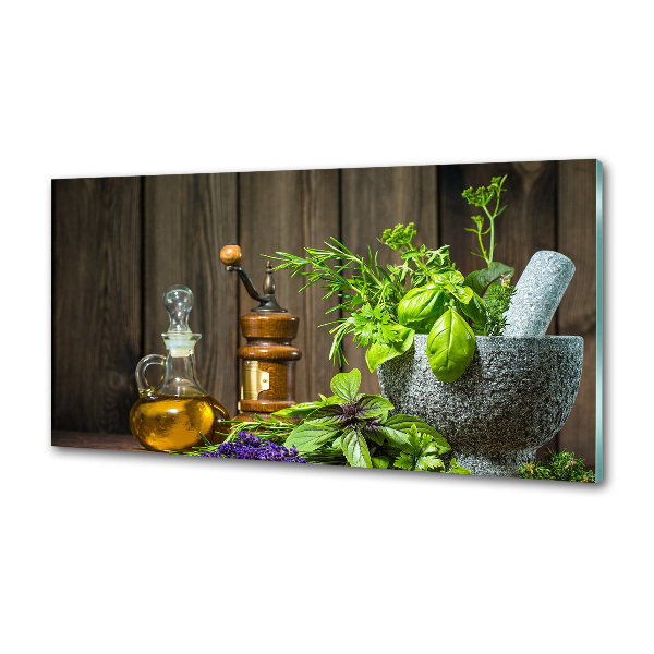 Rivestimento parete cucina con decorazione a tema erbe aromatiche raffigurate in un mortaio