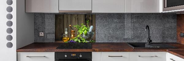 Rivestimento parete cucina con decorazione a tema erbe aromatiche raffigurate in un mortaio