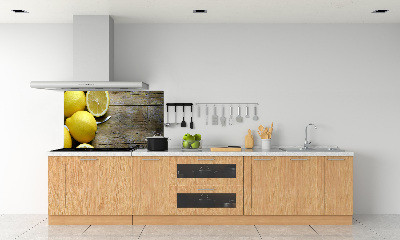 Pannello paraschizzi cucina con motivo di limoni su fondo effetto legno