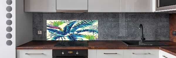 Rivestimento parete cucina con motivo a foglie tropicali