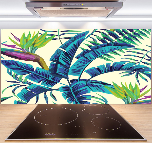 Rivestimento parete cucina con motivo a foglie tropicali