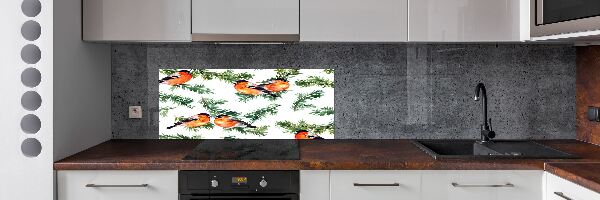Rivestimento parete cucina con disegno di pettirosso su una conifera