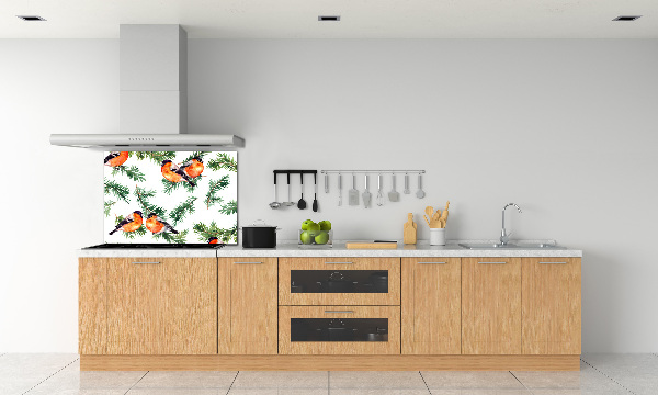 Rivestimento parete cucina con disegno di pettirosso su una conifera