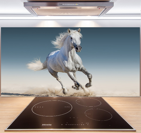 Rivestimento parete cucina con decorazione raffigurante un cavallo bianco al galoppo