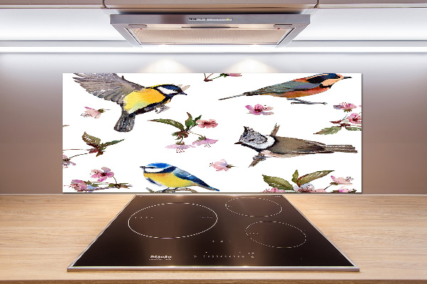 Pannello paraschizzi cucina con motivo di uccelli tra fiori di ciliegio