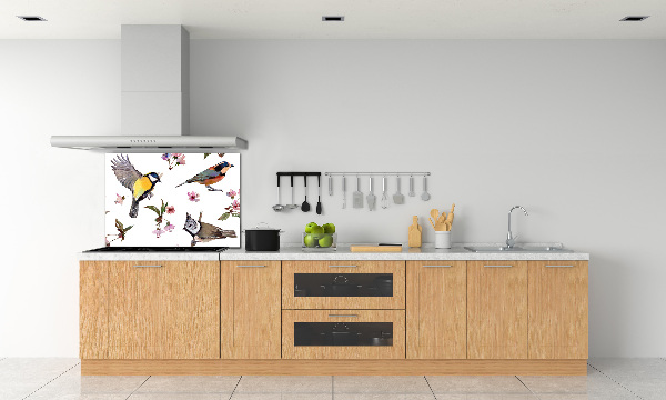 Pannello paraschizzi cucina con motivo di uccelli tra fiori di ciliegio