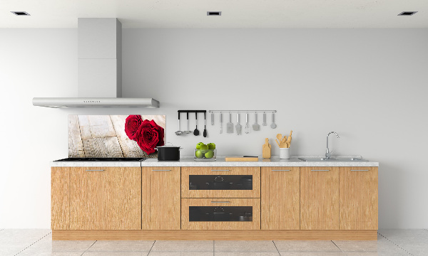 Pannello retrocucina con motivo di rose su sfondo effetto legno