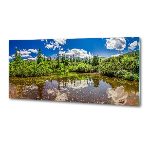 Rivestimento parete cucina con stampa raffigurante un lago nella foresta