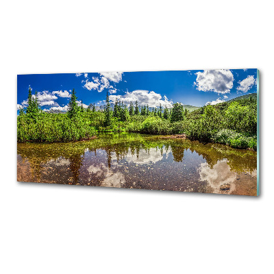 Rivestimento parete cucina con stampa raffigurante un lago nella foresta