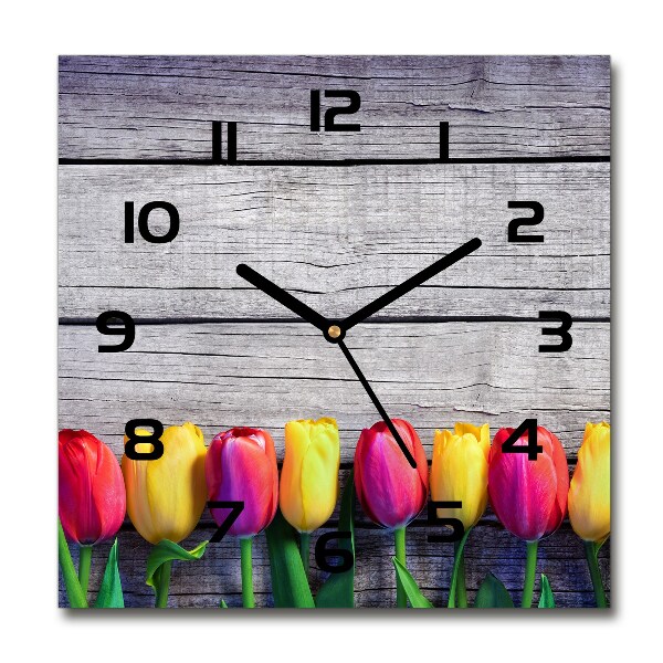 Orologio quadrato con decorazione di tulipani su fondo effetto legno