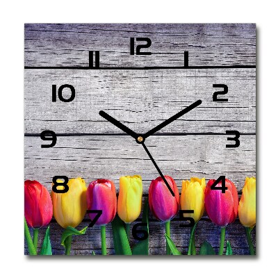 Orologio quadrato con decorazione di tulipani su fondo effetto legno