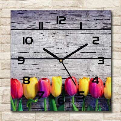 Orologio quadrato con decorazione di tulipani su fondo effetto legno