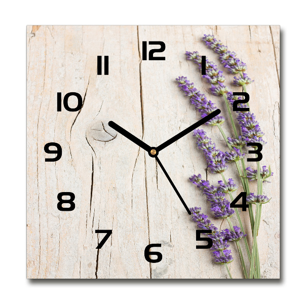 Orologio quadrato con stampa di lavanda su sfondo effetto legno
