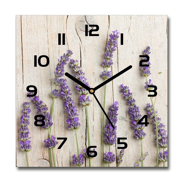 Orologio da parete quadrato con motivo di lavanda su fondo in legno