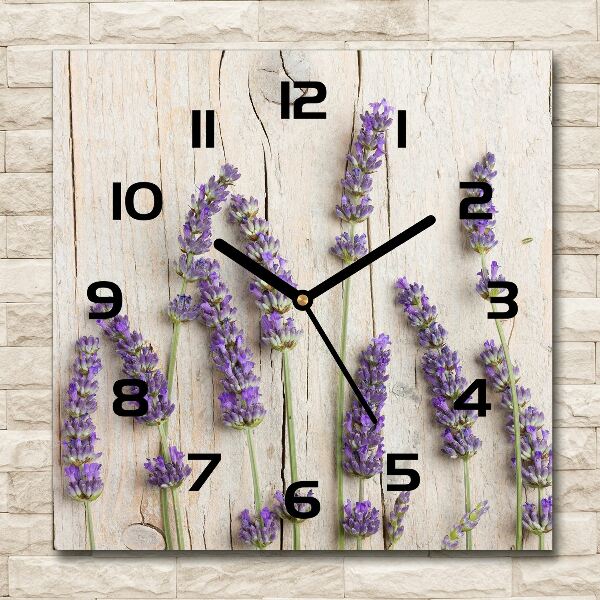 Orologio da parete quadrato con motivo di lavanda su fondo in legno
