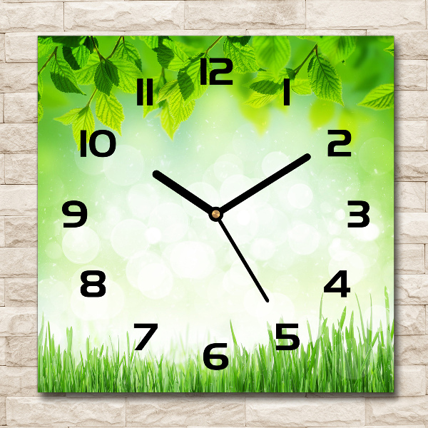 Orologio quadrato in vetro con motivo di foglie ed erba