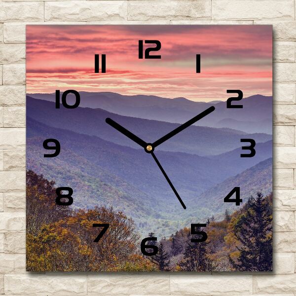 Orologio quadrato in vetro con motivo Tramonto sulle montagne