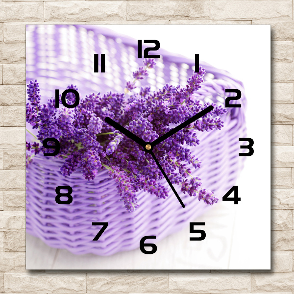 Orologio quadrato in vetro con motivo di lavanda in un cestino