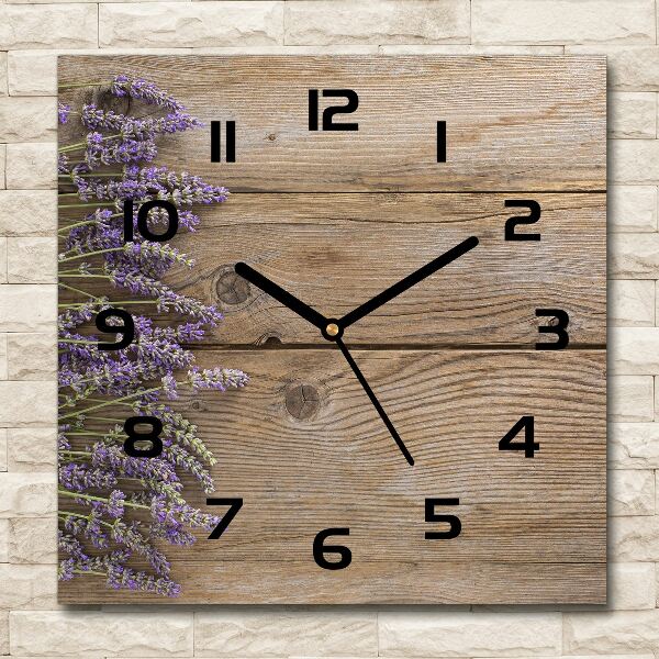Orologio da parete quadrato con stampa di lavanda su sfondo in legno