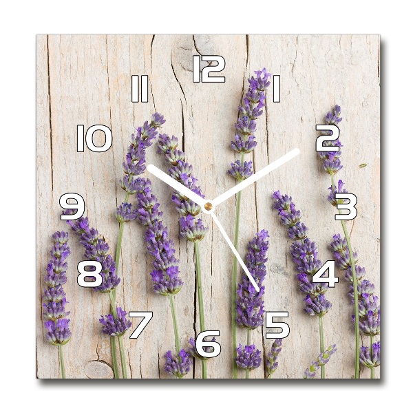Orologio da parete quadrato con decorazione a lavanda su sfondo effetto legno