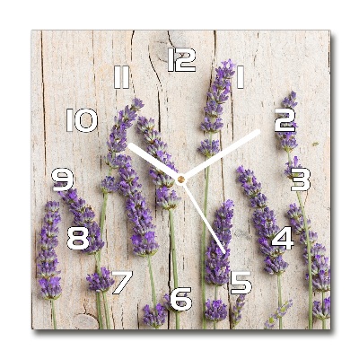 Orologio da parete quadrato con decorazione a lavanda su sfondo effetto legno