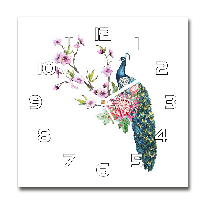 Orologio quadrato con motivo di pavone e fiori