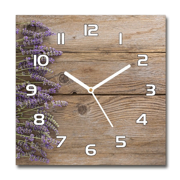 Orologio da parete quadrato con motivo lavanda su sfondo effetto legno
