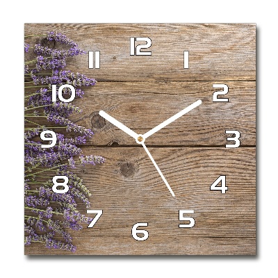 Orologio da parete quadrato con motivo lavanda su sfondo effetto legno