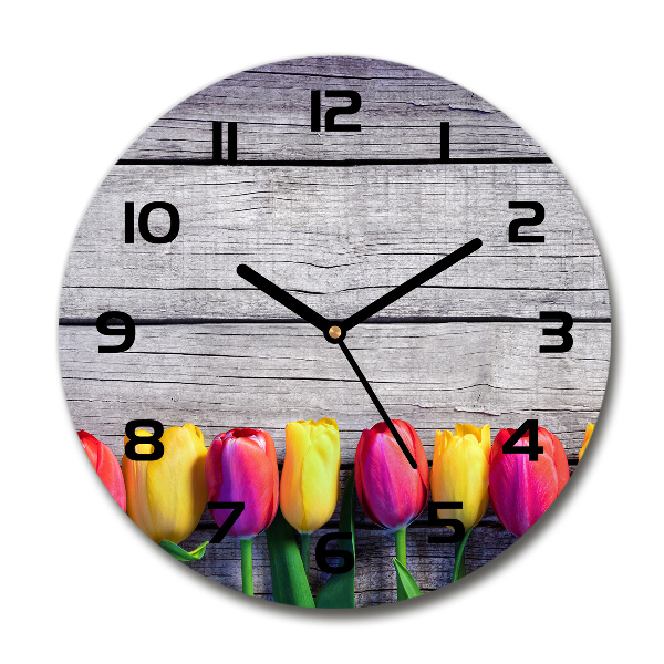 Orologio rotondo in vetro con stampa di tulipani su fondo effetto legno