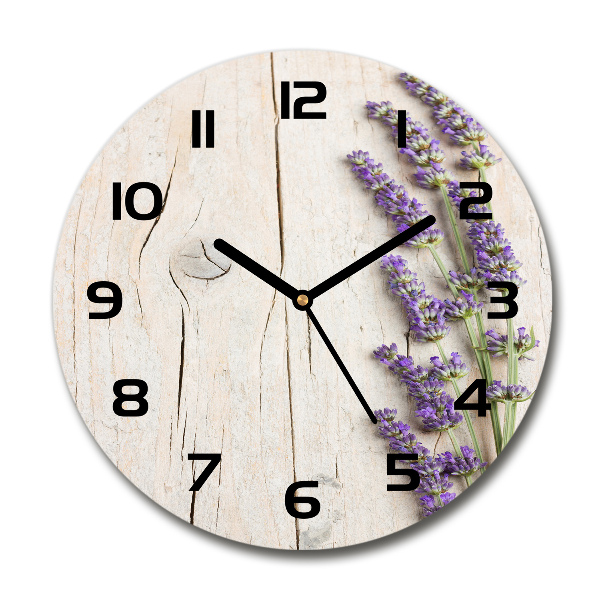 Orologio rotondo in vetro con motivo di lavanda stampato su fondo effetto legno