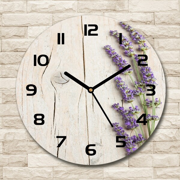 Orologio rotondo in vetro con motivo di lavanda stampato su fondo effetto legno