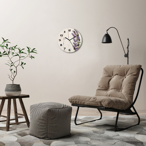 Orologio rotondo in vetro con motivo di lavanda stampato su fondo effetto legno