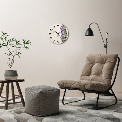 Orologio rotondo in vetro con motivo di lavanda stampato su fondo effetto legno