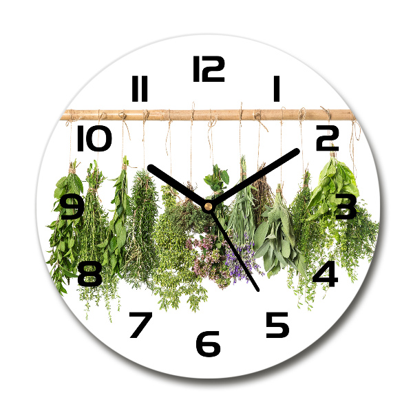 Orologio da parete rotondo con decorazione a motivo di erbe aromatiche su fondo chiaro