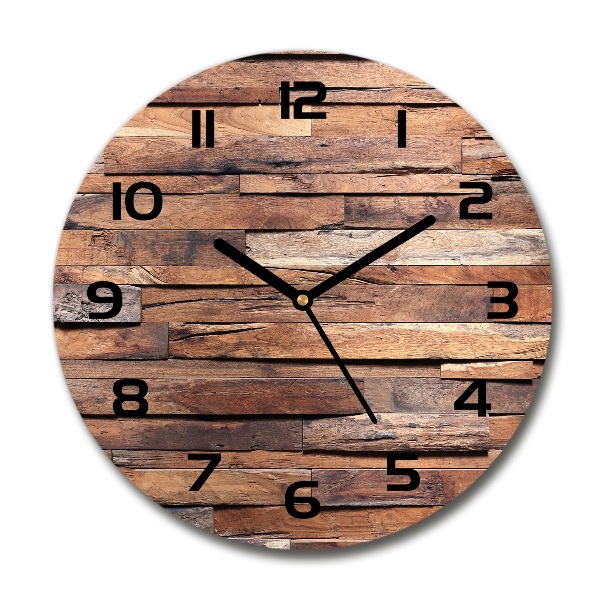 Orologio rotondo in vetro con quadrante montato su pannello da parete in legno