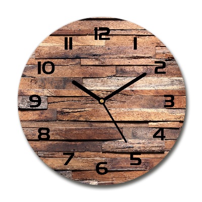 Orologio rotondo in vetro con quadrante montato su pannello da parete in legno