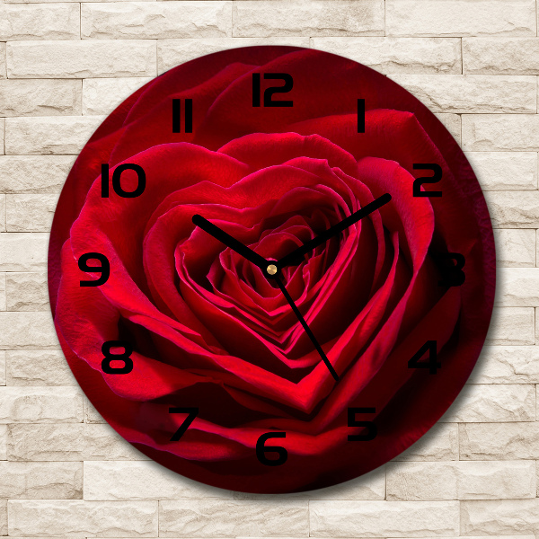 Orologio rotondo in vetro con motivo a cuore di rosa rossa