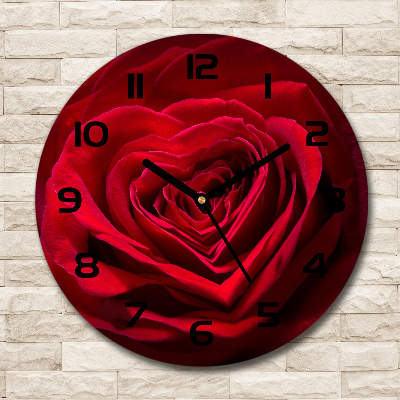 Orologio rotondo in vetro con motivo a cuore di rosa rossa