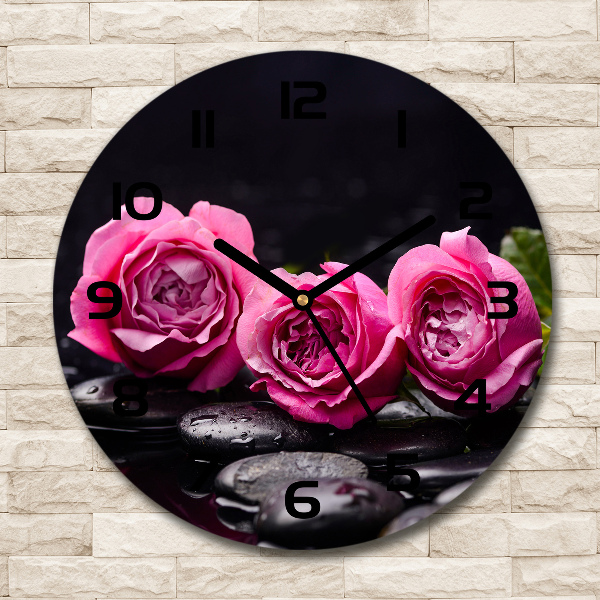Orologio rotondo in vetro con motivo di rose rosa