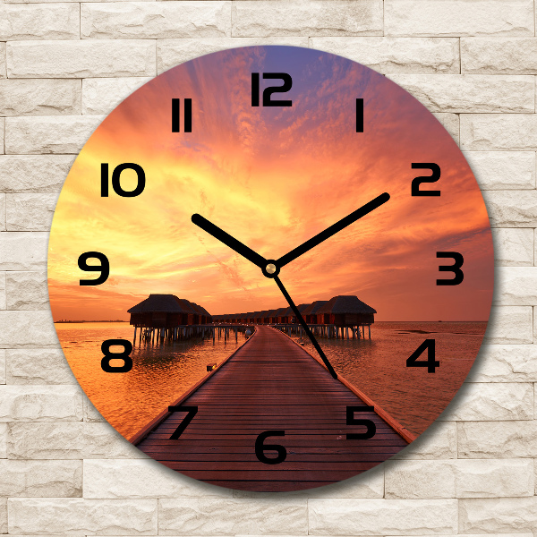 Orologio rotondo in vetro con motivo Bungalow alle Maldive