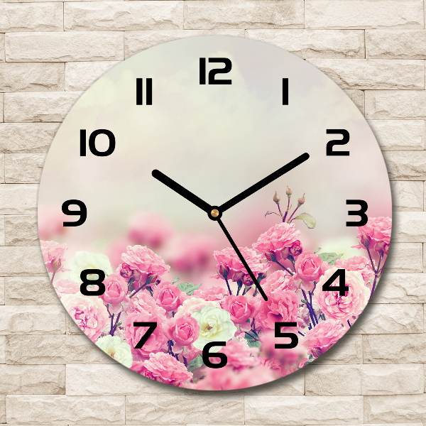 Orologio rotondo in vetro con motivo di fiori di rosa selvatica